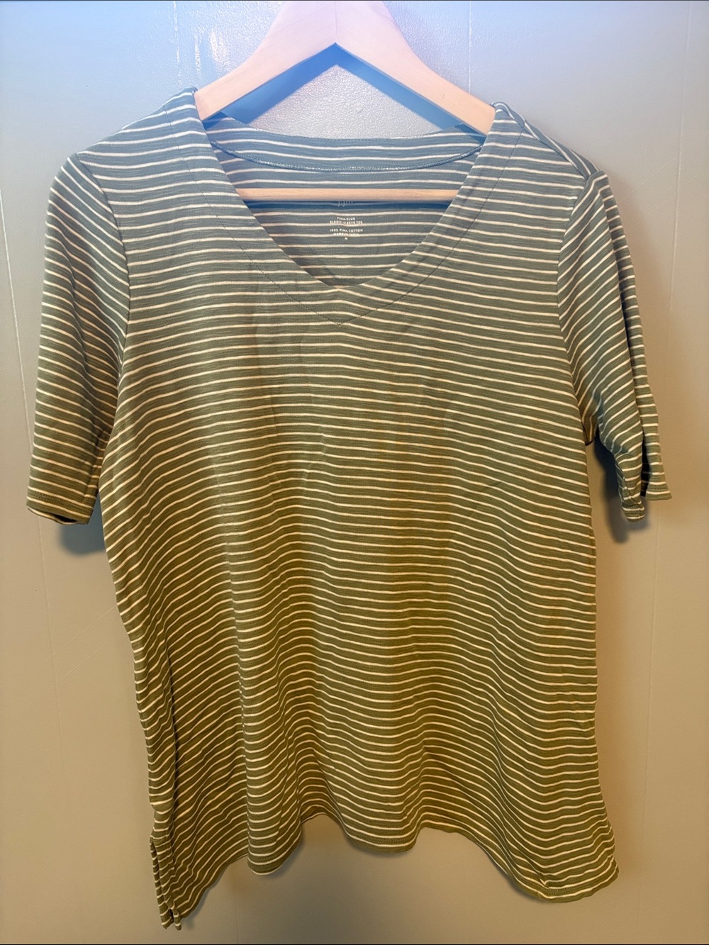 J. Jill Olive and White Striped Tee Womens Medium Prima Cotton Summer Fall